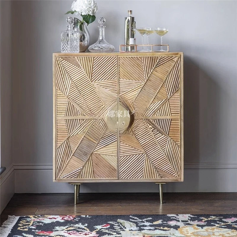 H2H neoclassical solid wood carving flower dining side cabinet  light luxury retro