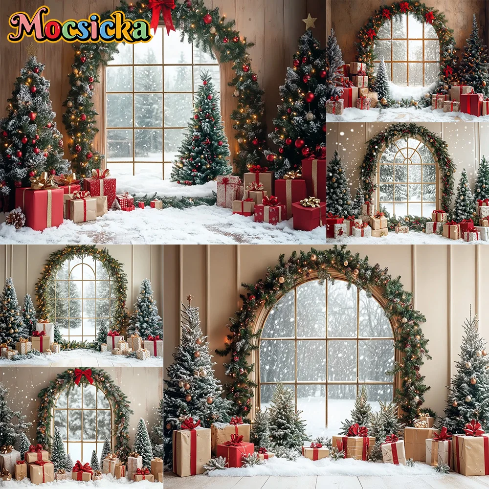 Mocsicka Fotografie-Hintergrund, grüner Bogen, Kranz, Geschenk, Schnee, Dekoration, Familie, Weihnachten, Urlaub, Porträt, Hintergründe für Fotos