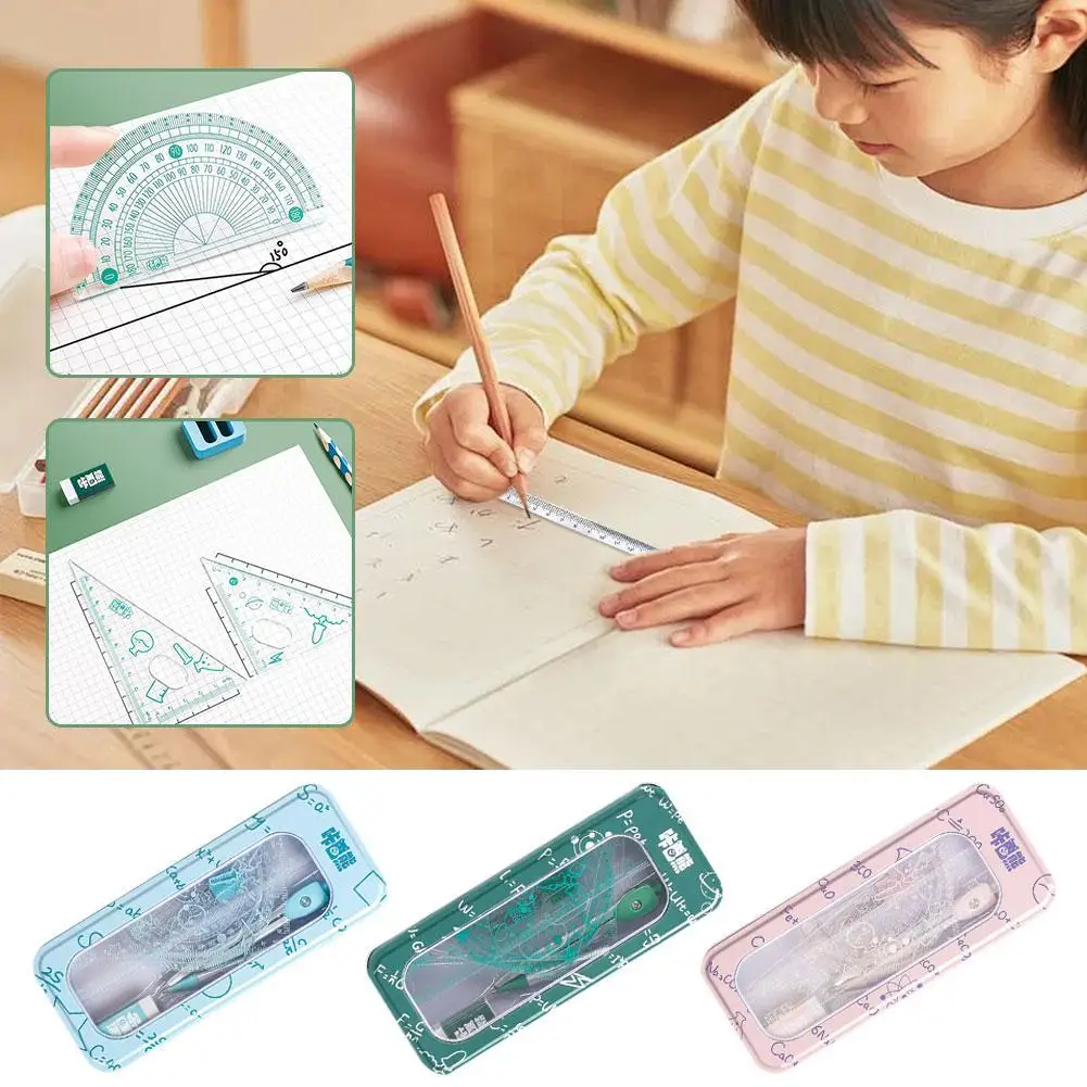 8 Pcs Math Geometry Kit with Rulers Protractor Compass Eraser Refills & Metal Box School Supplies for Drafting & Drawing