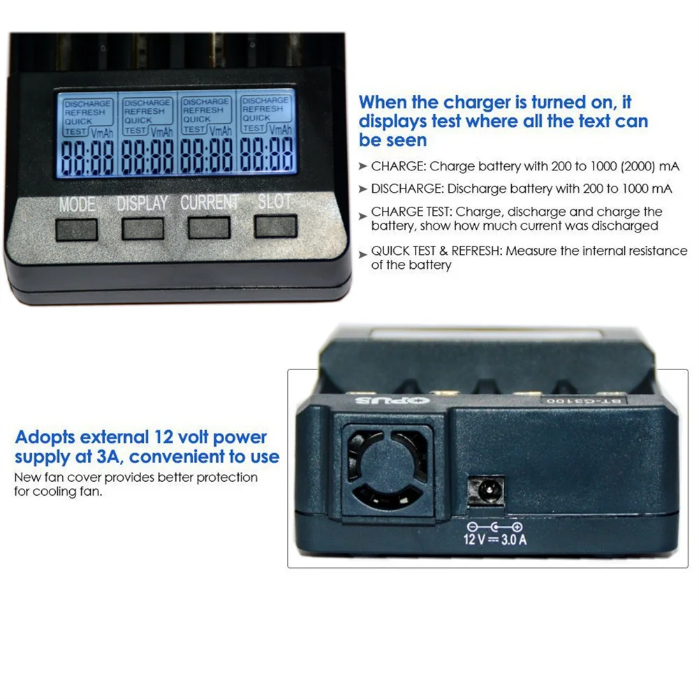 OPUS BT-C3100 4 Slots Battery Charger With LCD Screen Compatible For Lithium-ion NiCd NiMH AA AAA 10440 18650 Batteries