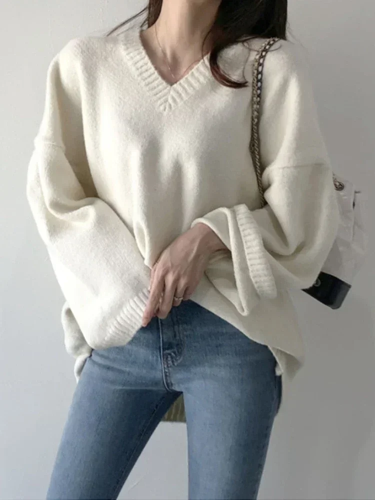 2024 Winter Fashion New Women\'s Knitted V-neck Loose Hoodie Long Sleeve Warm and Casual Outerwear Knitted Sweater  Jumper