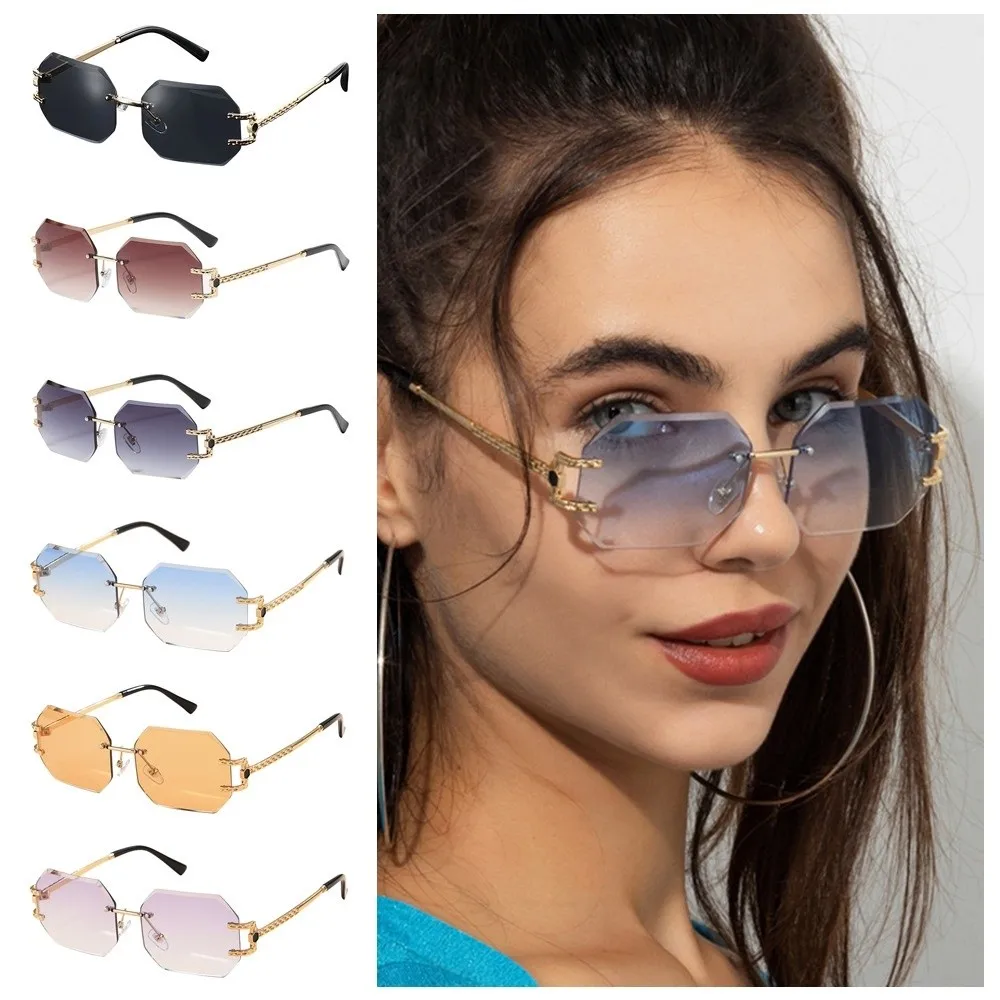 

Vintage Rimless Sunglasses Hip Hop Style PC Frame Geometric Sunglasses UV400 Protection Polygon Design Trendy Sunglasses Unisex
