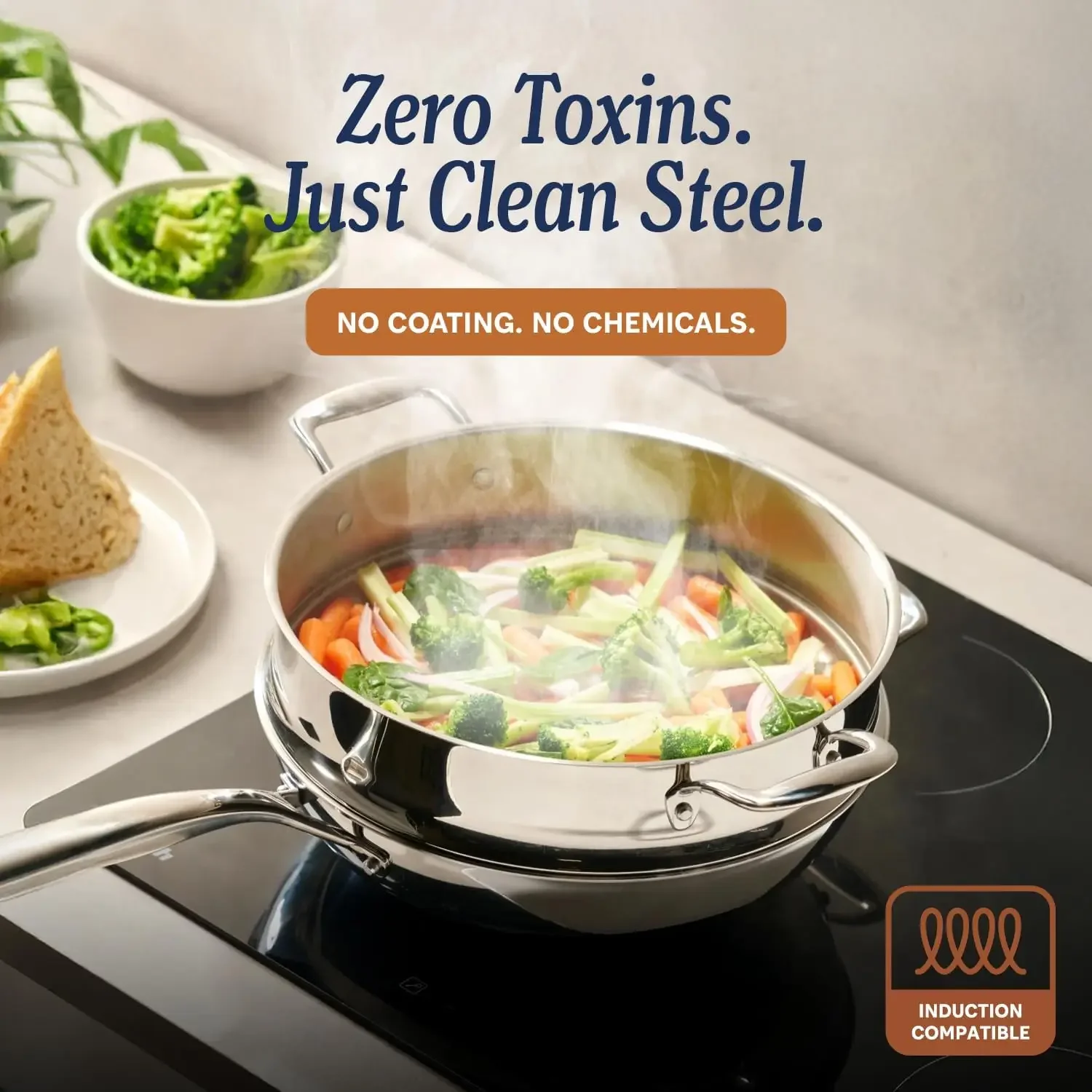 5-Ply Stainless Steel Cookware Set, 14-Piece Pots and Pans Set - Induction Compatible, Oven Safe 800°F - Non-Toxic, No Coatings