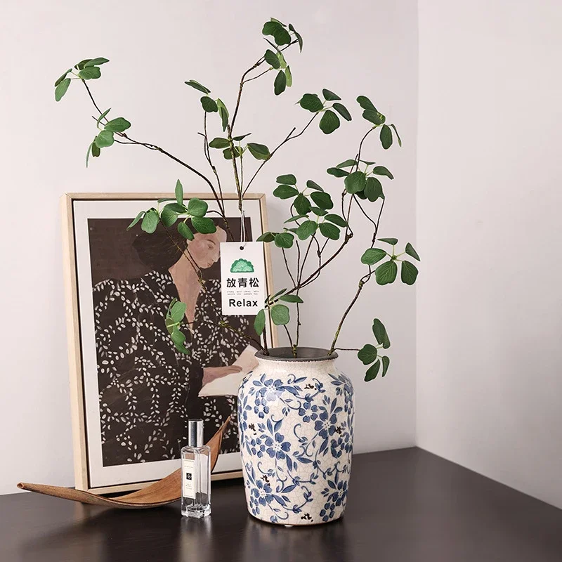 Retro Chinese Crackle Glaze Blue White Porcelain Vase, Luxury Ceramic Hydroponic Flower Vase, Aesthetic Home Living Room Desktop