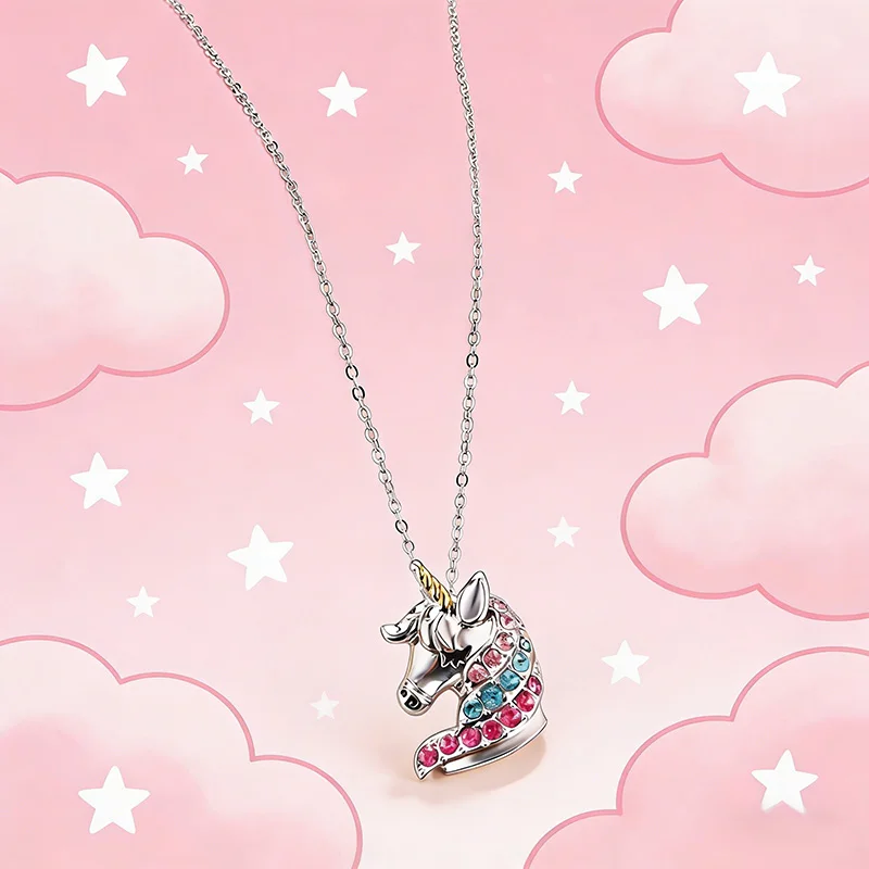 Colored Rhinestone Unicorn Necklace Cartoon Horse Pendant Necklaces For Girls Boys Children Jewelry Gifts