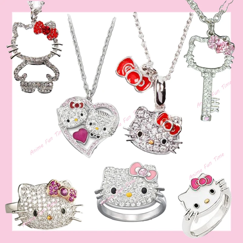 

7 Styles Kawaii Hello Kitty Rhinestone Necklace Rings Sanrio Kitty Cat Clavicle Chain Pendant Accessories Women Fashion Jewelry