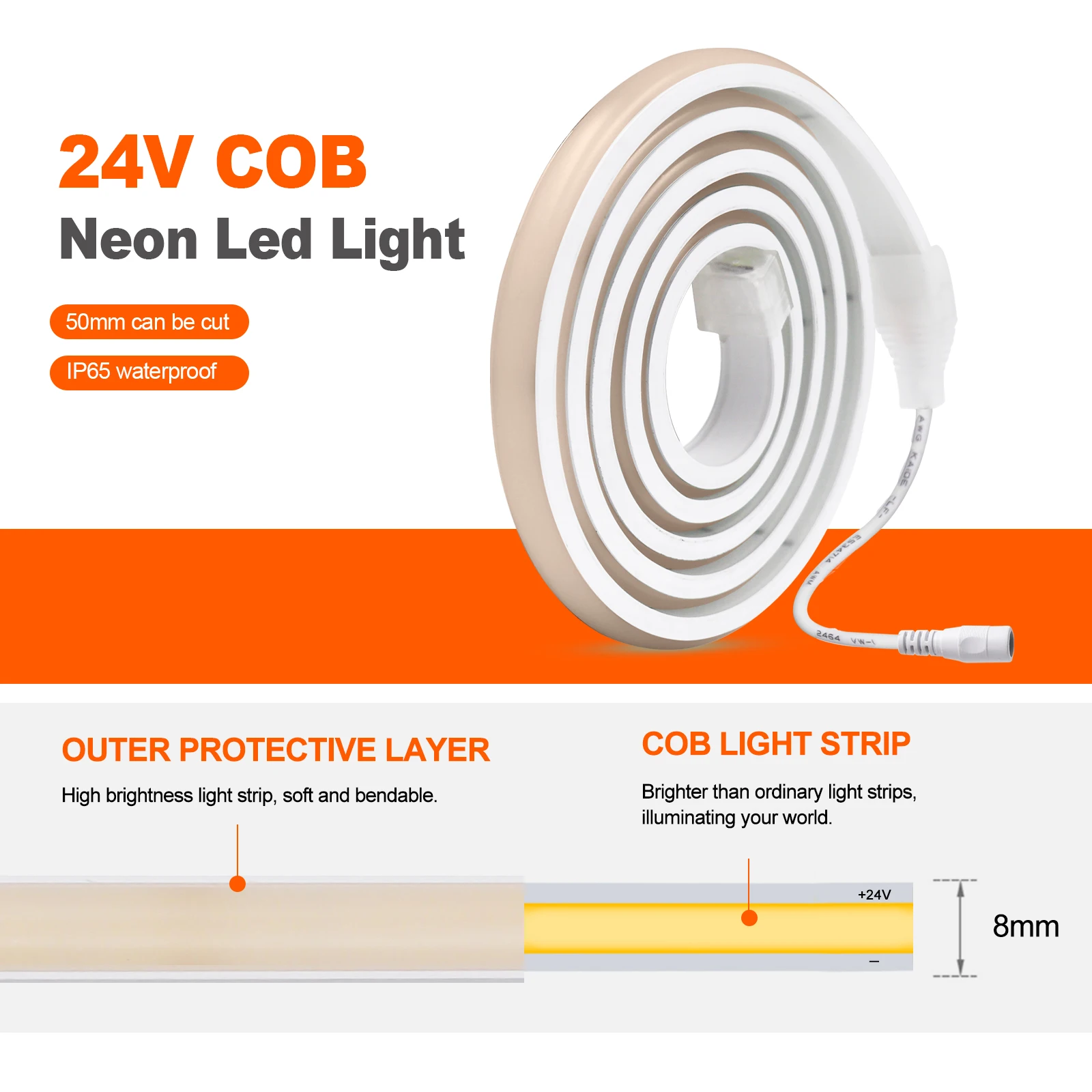 High Brighter COB Neon Strip Waterproof 12V 24V 320Leds/M 3000K 4000K 6000K Home Garden Decor Flexible Ribbon Rope LED Light