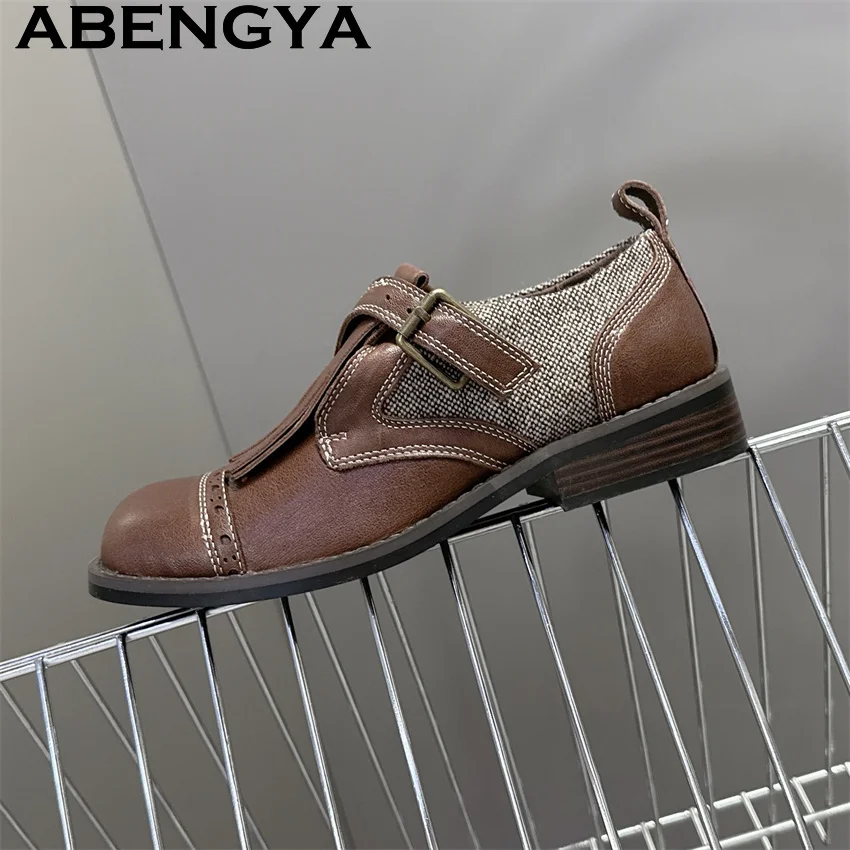 

Brown Black Real Leather Lace Up Flat Shoes for Women's 2026 Fashion Week Shoes Summer Trendy Round Toe loafer Flat Shoes Woman