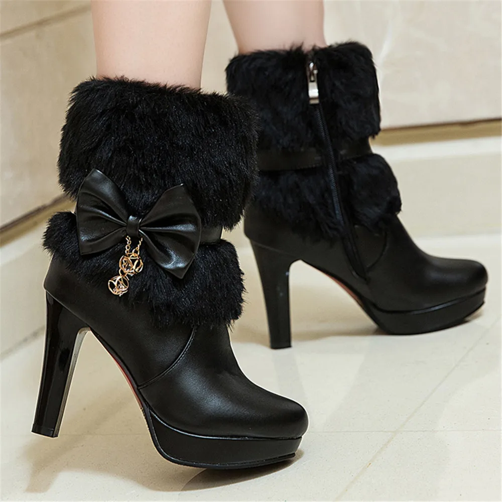 2024 Winter Womens Fashion High Heel Boots Pink White Black Fur Tassel Bowtie Lovely Lolita Ladies Party Wedding Shoes size32-43