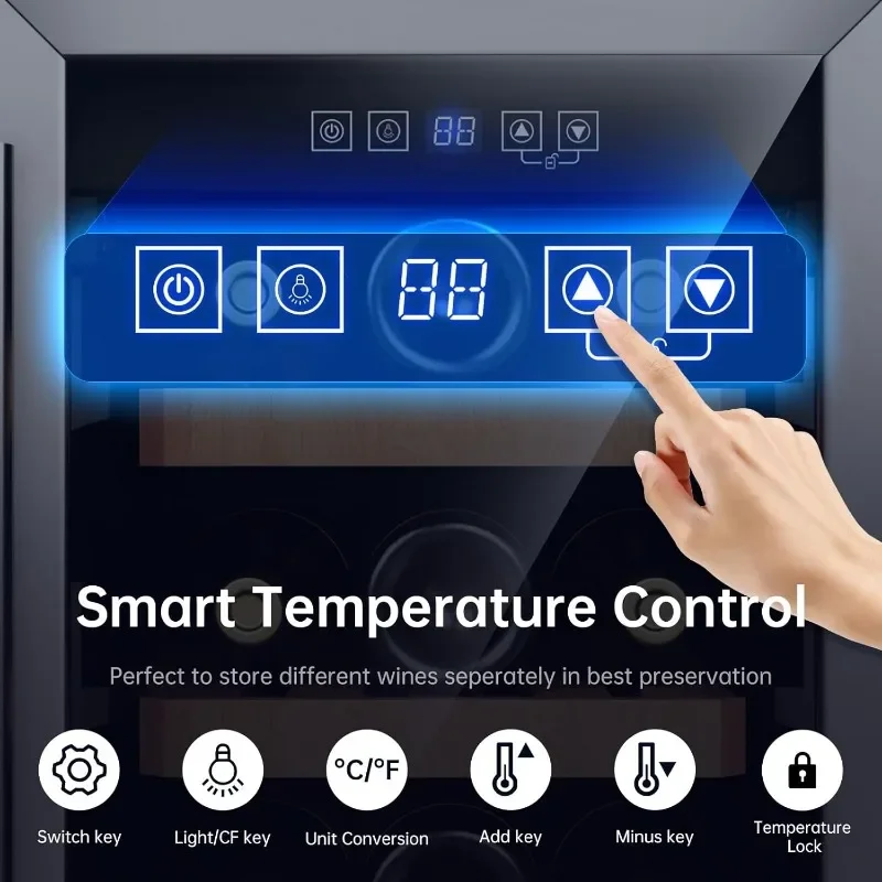 KingChii 12-Zoll-Weinkühler für 19-Flaschen, professioneller Kühlschrank, Edelstahl und gehärtetes Glas für Rotwein