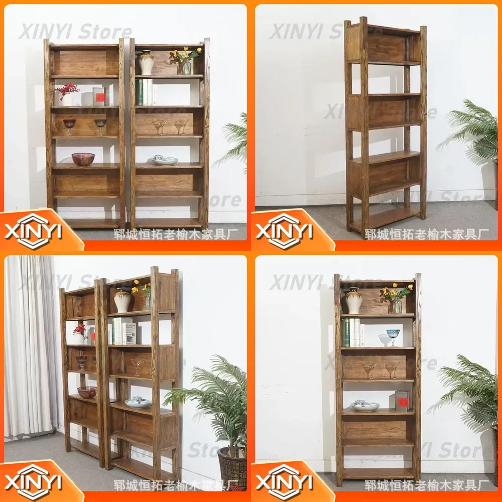 for Old Elm Bookcase for Wall Mount Side Cabinet Multi Layer Display Shelf Tea Set Organizer Solid Wood Bookshelf Display