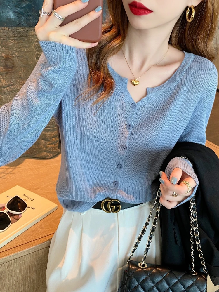 2026 Autumn Winter Women Knit Cardigan Cropped Thin Sun Protection Outerwear Long Sleeve Versatile Lightweight Sweater White