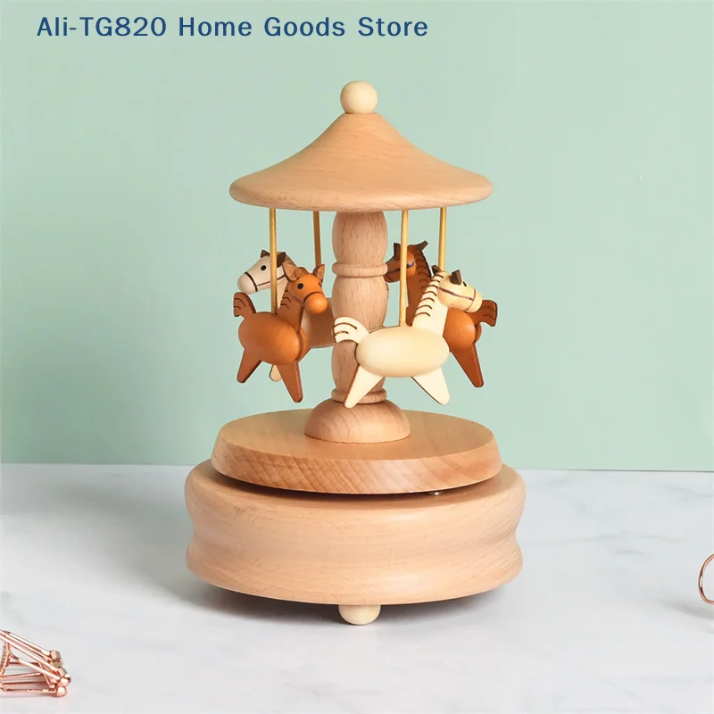 [TG820]Wooden Carousel Music Box Ornaments Rotatable Hand-cranked Music Box DIY Handmade Birthday Christmas Gift Children’s Toys