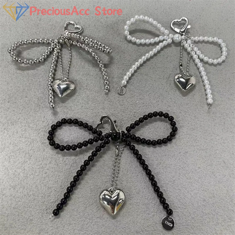 Delicate Beaded Key Chain Handmade Pearl Bow Shaped Pendant Keyring Heart Keychain Ornament Pearl Decoration For Bags Phones