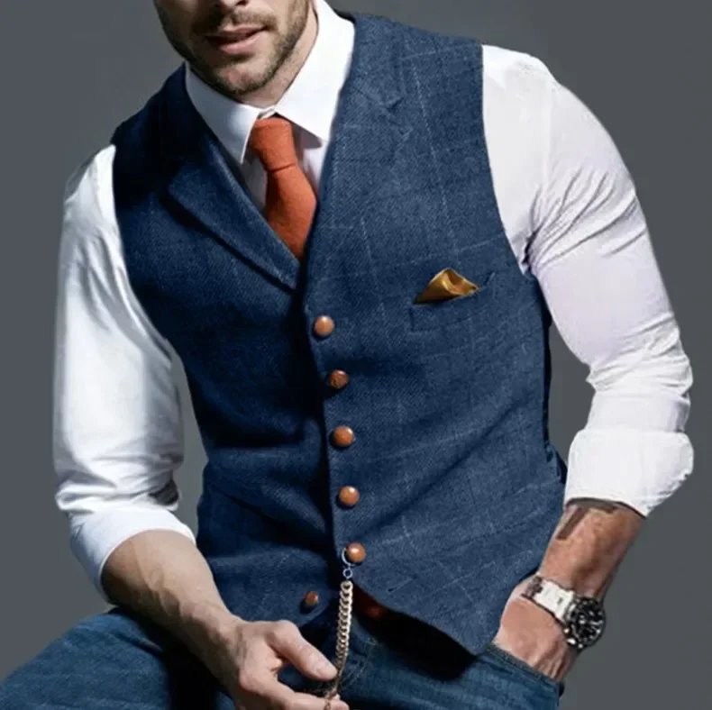 Męska kamizelka garniturowa Retro z klapami w jodełkę z bawełnianej mieszanki tweedowej Slim Business Commuter Suit Kamizelka z podszewką S-3XL