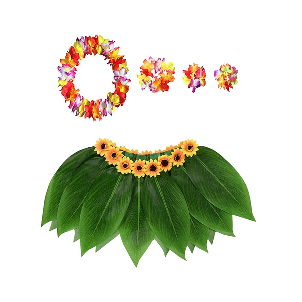 

5pcs Thicken Hula Skirt Hawaiian Costume Set with Green Leaves Leis Bracelets Headband Luau Party Favors for Beach Luau Party Su