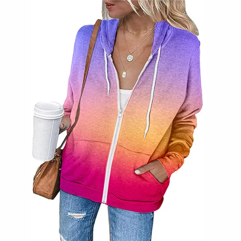 Spring Autumn Women Gradient Color Sweatshirt Coat Hooded Drawstring Long Sleeve Pockets Zipper Placket Halloween Outerwear