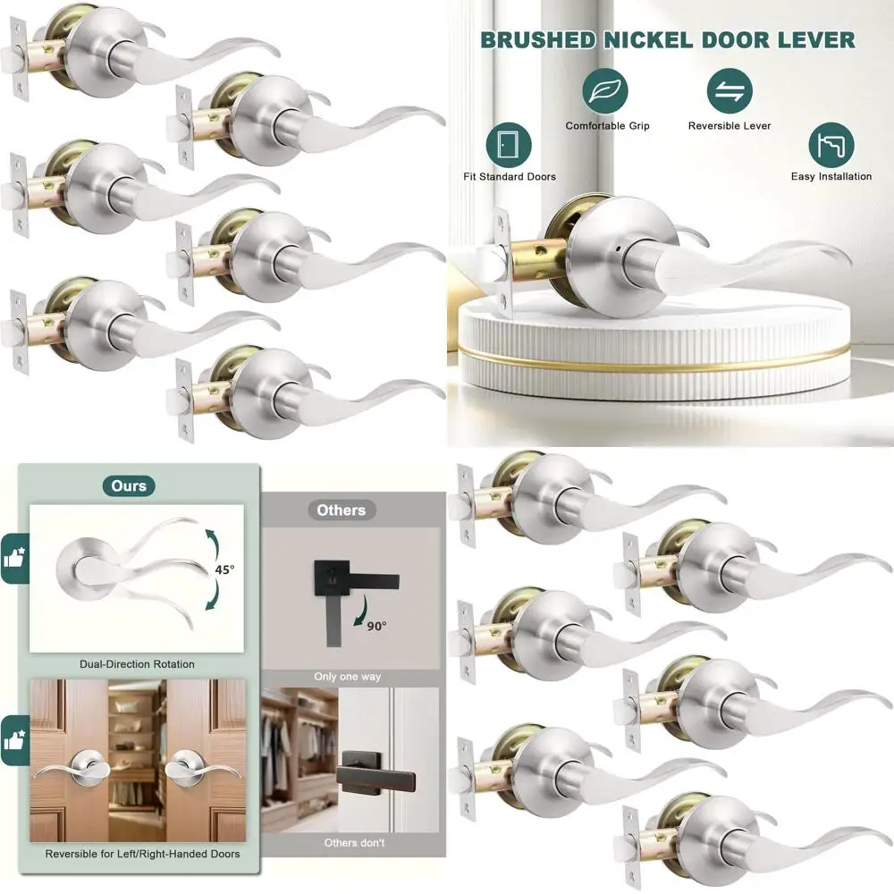 

6 Pack Wave Design Lever Door Handles in Brushed Nickel - Interior Keyless Door Locks for Closets