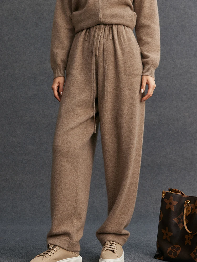

Women's Cashmere Pants Casual Loose Long Bloomers 100% Cashmere Knit Sport Pants Autumn Winter Sashes Pocket Cashmere Trousers