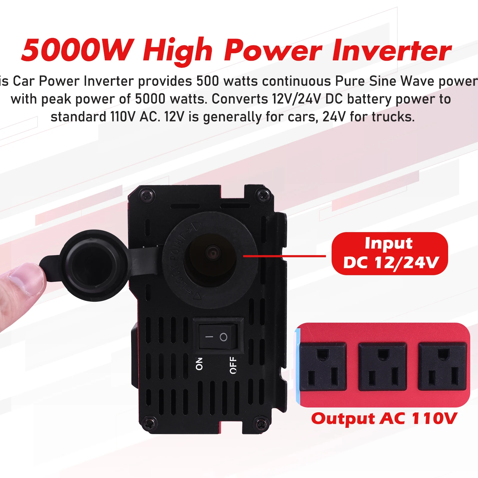 5000W Car Power Inverter DC 12V To AC 110V Converter Pure Sine Wave Fast Charging LCD LED Display Converter Charger Adapter