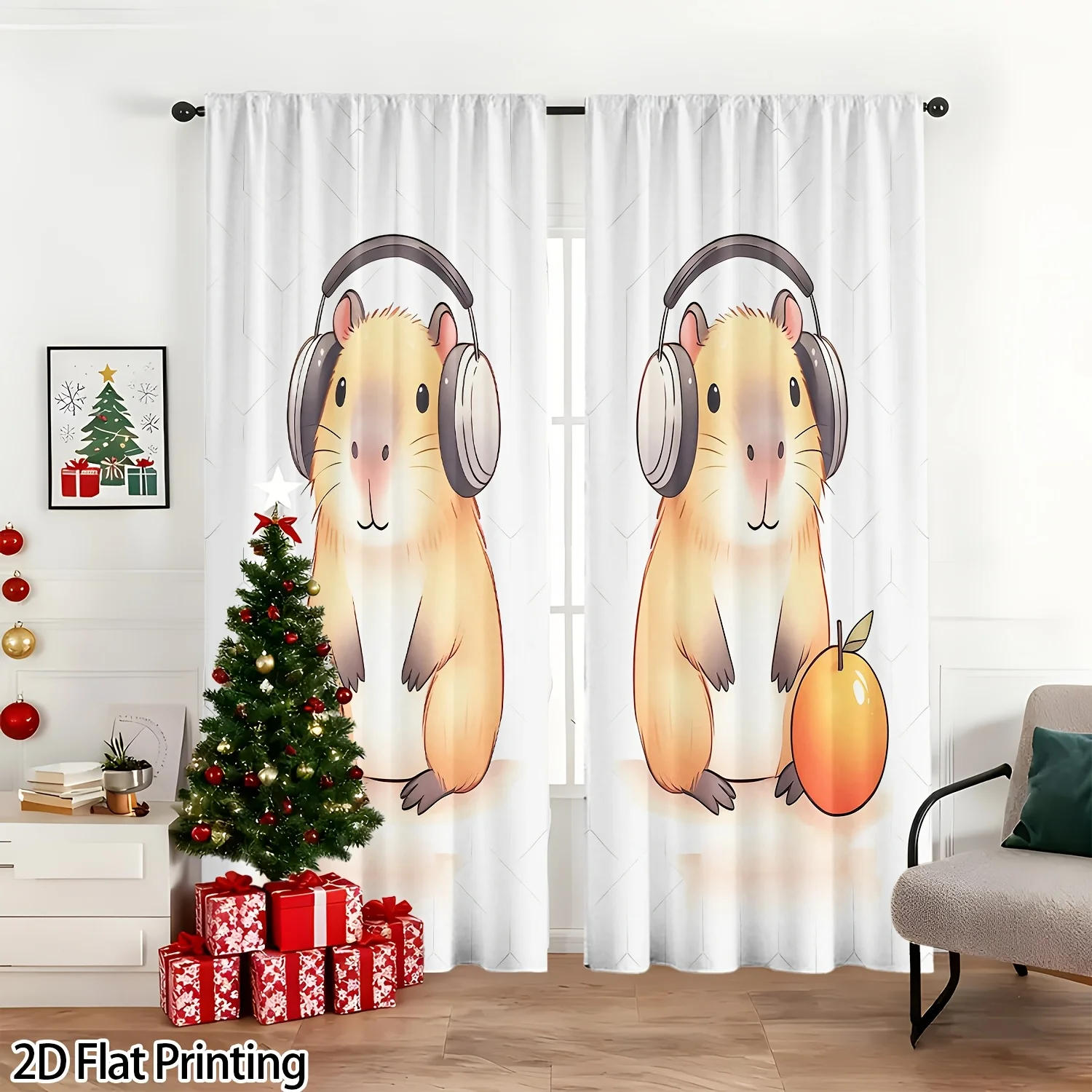 Cute Hamster Wearing Headphones Curtain, Funny Rodent Pet Pattern Drape, Cartoon Animal Window Treatment for Kids Bedroom Living