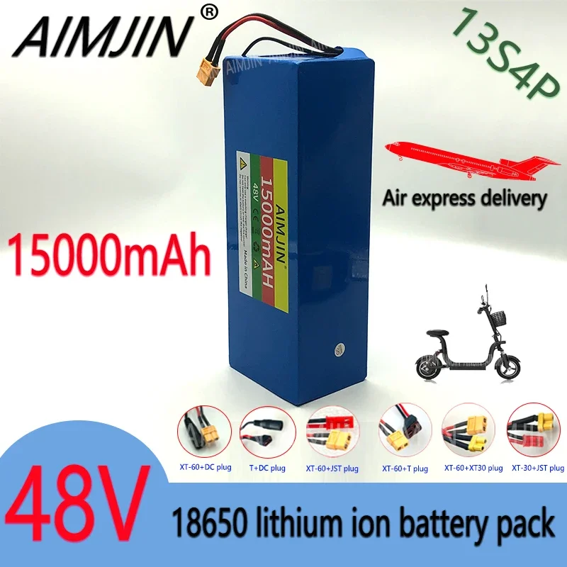 New 18650 13S4P 48V15Ah Lithium Battery Pack,for Electric Car Bicycle Scooter, With BMS + Charger Multiple plugs to choose from