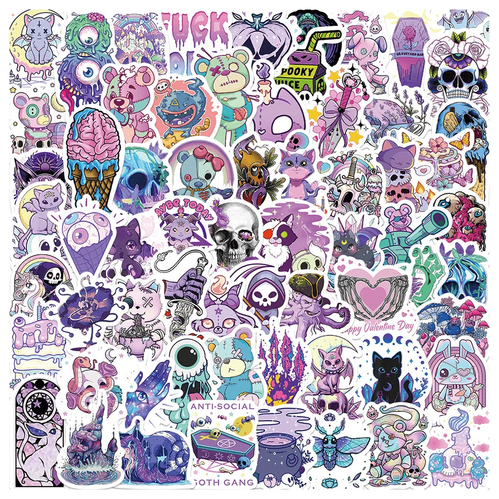 65pcs Cartoon Purple Gothic Stickers For Phone Suitcase Laptop Ipad Scrapbook Stationery Goth Sticker Scrapbooking Material