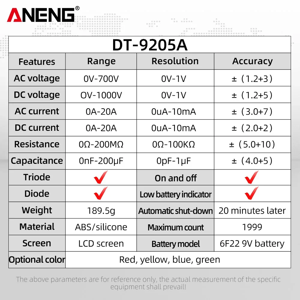 ANENG-DT9205A Multímetro Digital, Transistor AC/DC Tester, Medidor de Teste Elétrico NCV, Analógico Profissional Multímetro de Alcance Automático