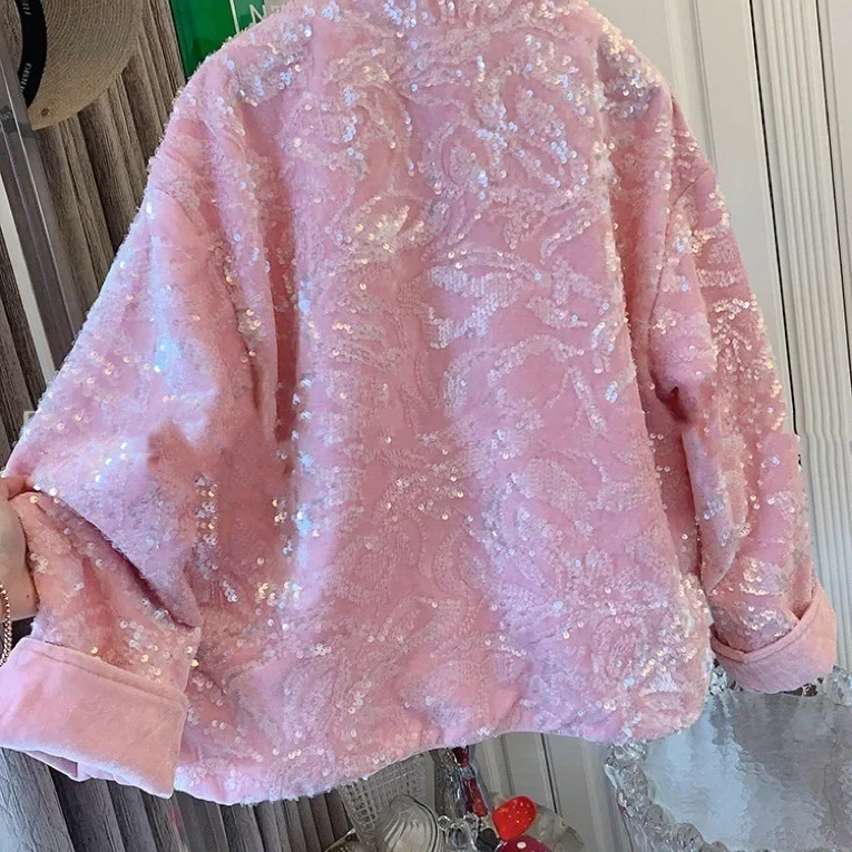 Pink new Chinese style light luxury fashion coat female 2024 autumn and winter new fashion temperament design sequined top.