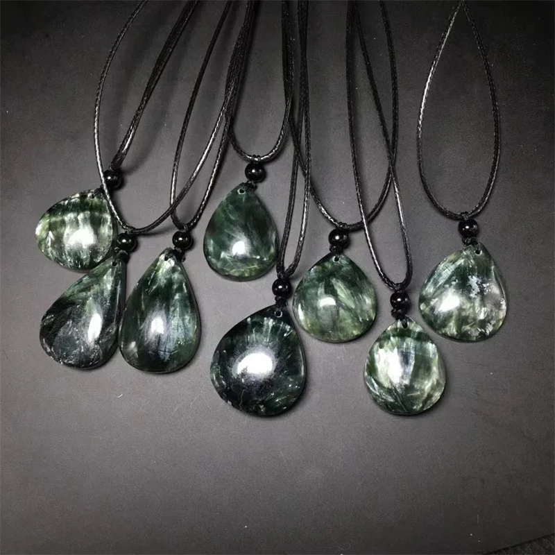 Natural Seraphinite Teardrop Pendant Black Cord Rope Reiki Healing Stone Fashion Jewelry For Women Men Gift