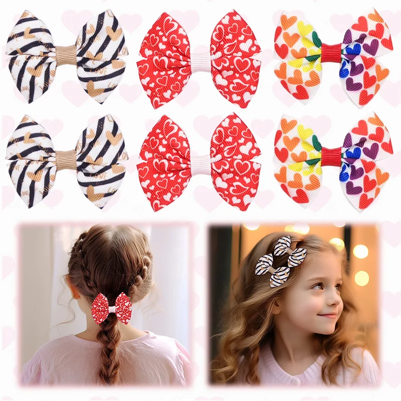 

60pc/lot 2.4" Leopard Heart Printed Bow Hair Clips Baby Hairpins Girls Heart Prints Ribbon Bow Barrette Valentine's Day Headwear