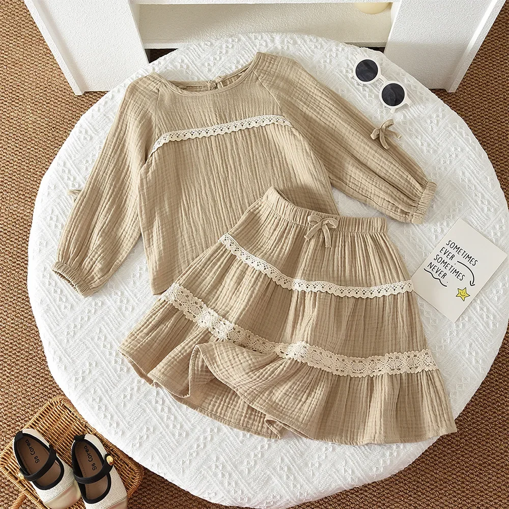 Girls Suit 2026 Spring And Autumn New Childrens Clothes Girls Baby Long Sleeve Round Neck Top Lace Stitching Skirt Two Sets