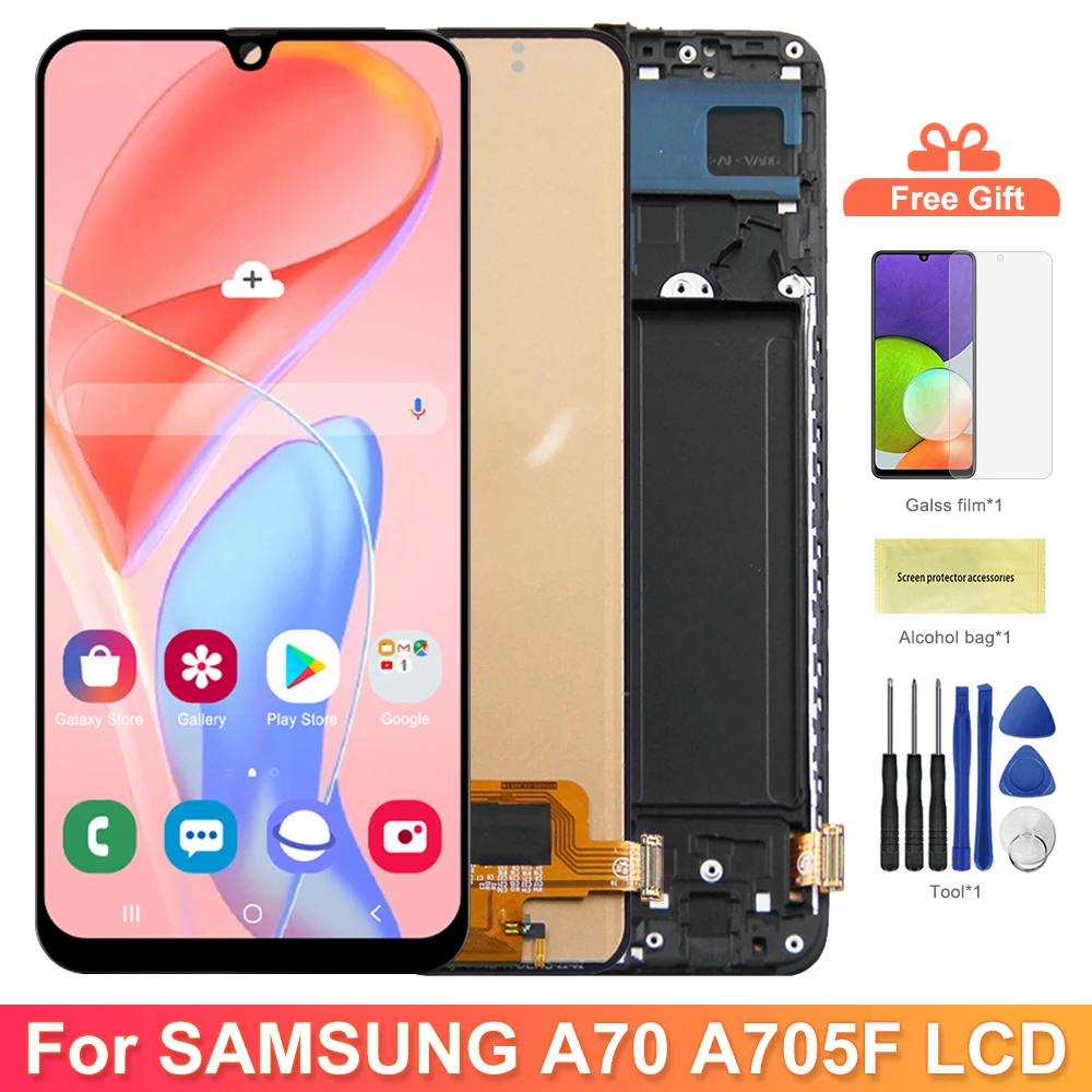 A70 SM-A705F A705FN/DS ekran wyświetlacza z ramką do Samsung Galaxy A70 wyświetlacz LCD ekran dotykowy wymiana zespołu Digitizer