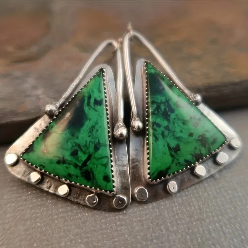 Boho Triangular Green Synthetic Gemstone Dangle Earrings Vintage Simple Women's Jewelry Wedding Party Gift