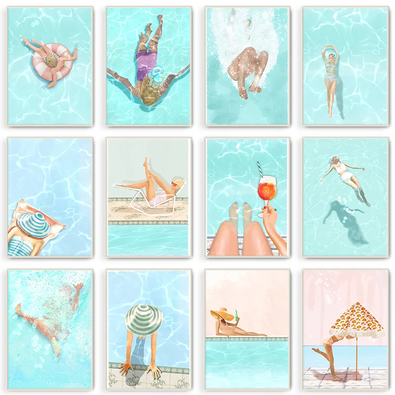 1pc frameless Retro Swimming Pool Poster Vintage Pool Summer Female Figure Minimalist Canvas Wall Art Soft Pastels Room Home