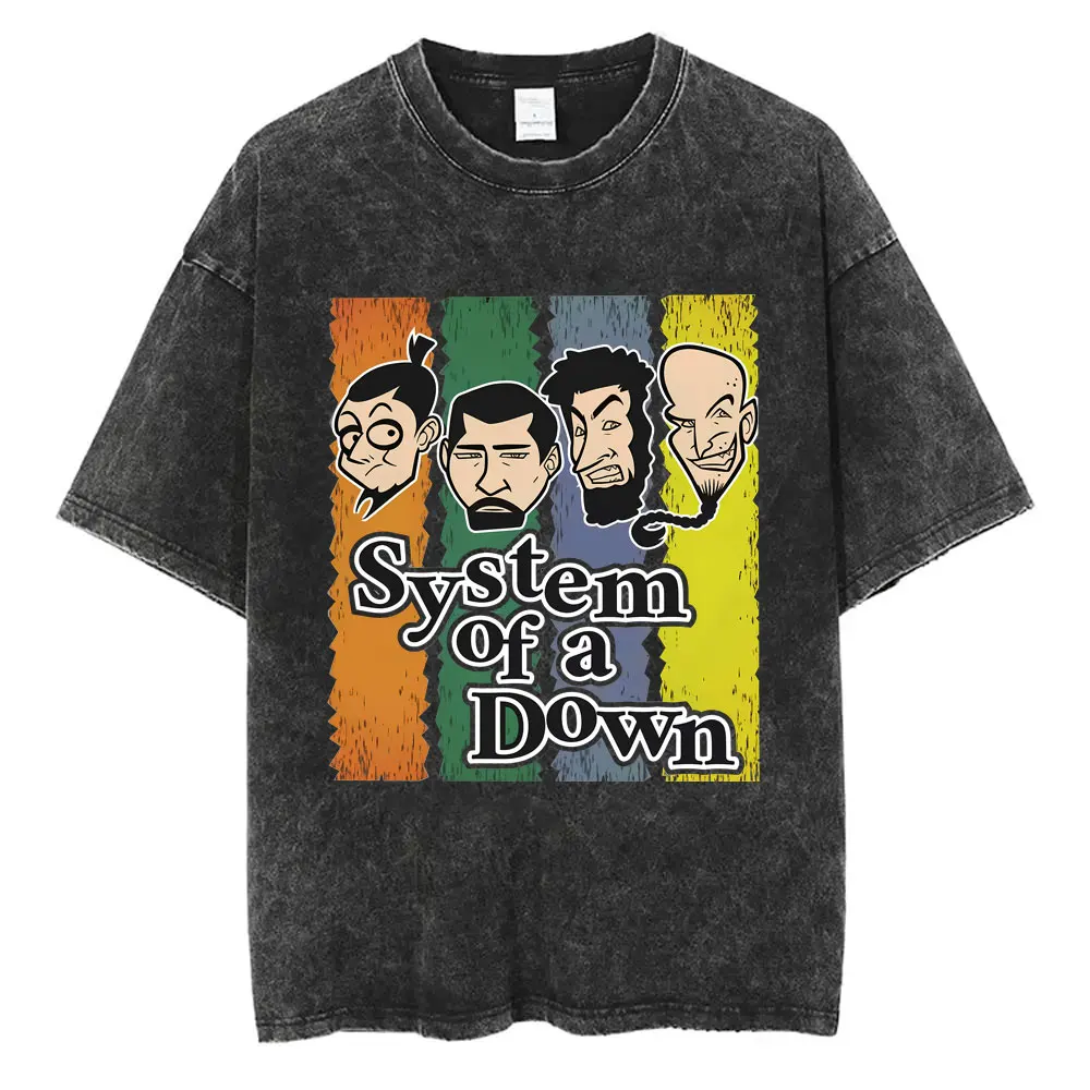 System of A Down Vintage Washed T-shirt Men Women Cotton Quality Short Sleeve Tees Male Rock Music Band Cartoon Graphic T Shirts