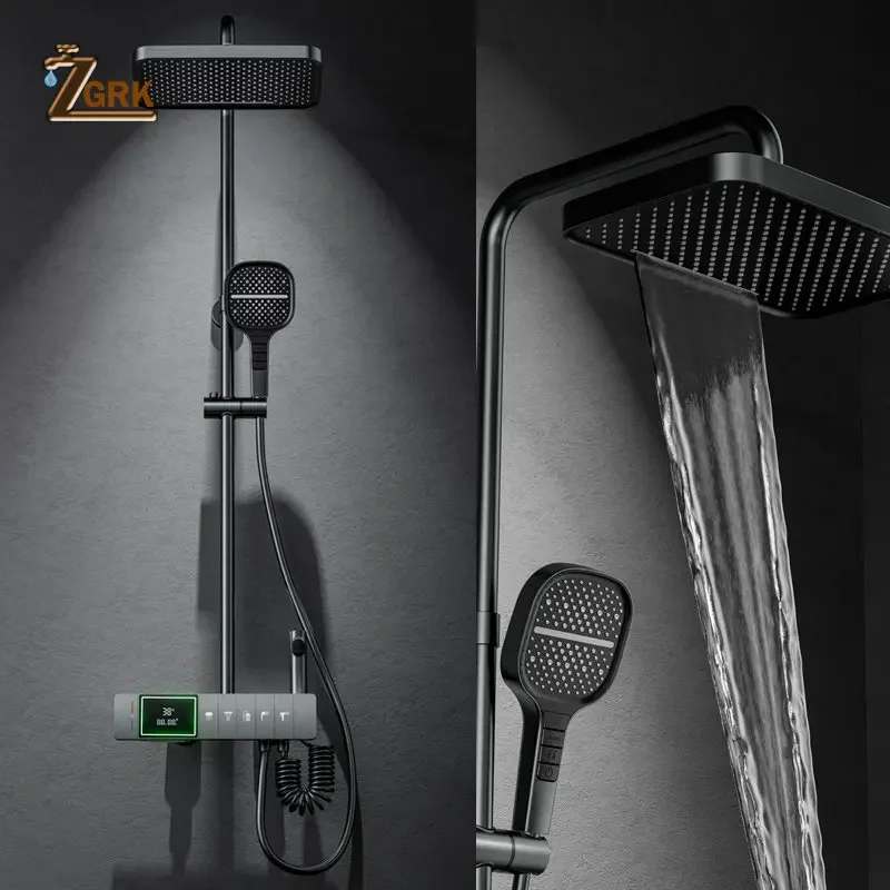 Imagem -05 - Conjunto de Chuveiro Termostático para Banheiro Funções Chuveiro Piano Pistola de Cachoeira Display Digital Cinza Creme e Sistema de Chuveiro Branco