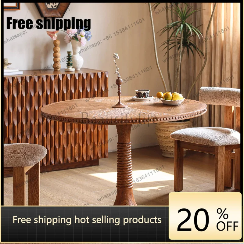 XX. French retro solid wood dining table American medieval cream style round dining table