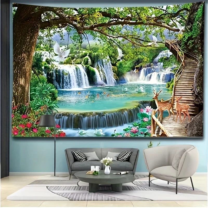 1pc Cute Fashion Forest Tree Colorful Tapestry Landscape Waterfall Spring Fashion Tapestry Living Room Bedroom House Decoration