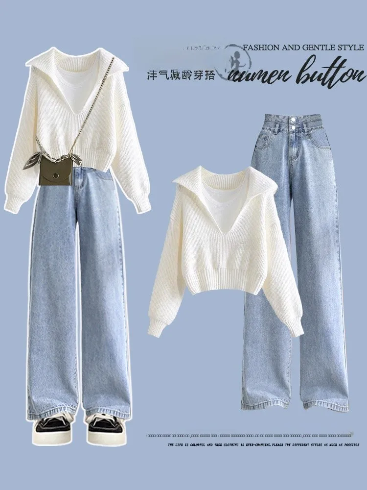 

plus Size Autumn Korean Style Women's V-Neck Knitted Sweater Chin Set High Waist Denim Jacket Three-Piece Set Long Sleeve Cre...