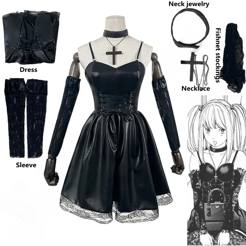 

Women's Japanese Anime Cosplay Misa Amane Dress with Lace Trim Gothic Style Costume Imitation Leather Sexy Dress Halloween