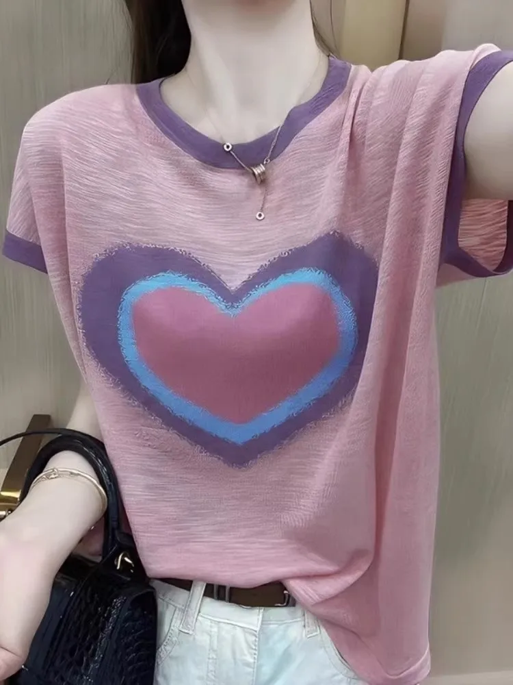 Love match color ice silk short sleeve summer thin linen knit shirt Korean version loose T-shirt female age reduction top