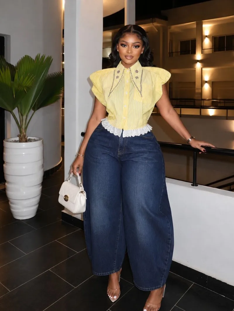 2026 Sommer Damen Gestreiftes Ärmelloses Hemd mit Strass-Perlenkragen, Rüschen-Spitzenbesatz, Crop-Bluse, Modisches Damen-Oberteil, Streetwear – Detail 6