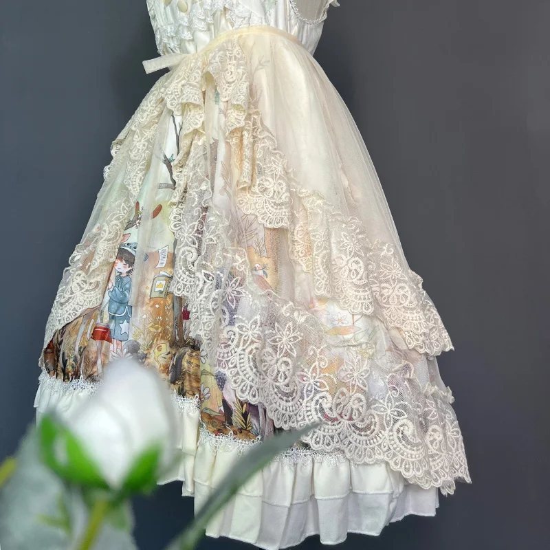 

Double Layered Lace Sweet Lolita Mes JSK Skirt Women Japanese Kawaii Hollow Out Apron Curtain Vintage Overlay Skirts