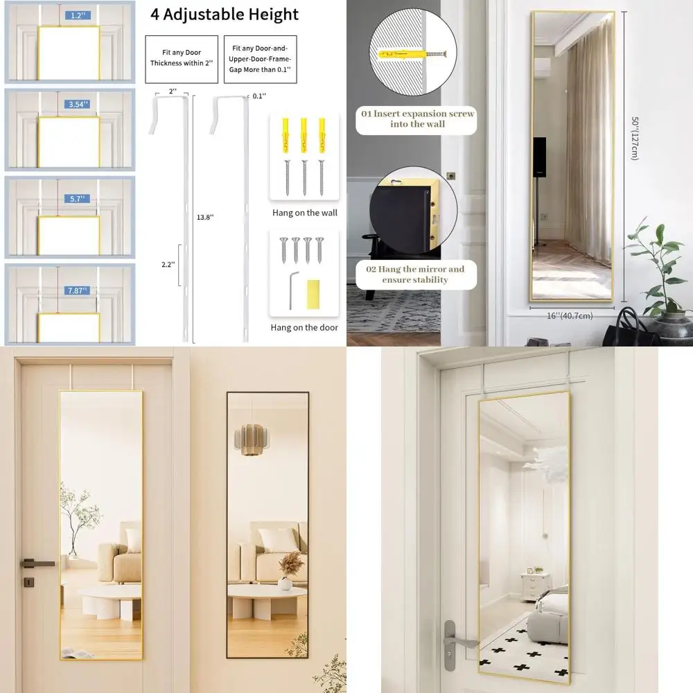 

Зеркало для двери с регулируемой высотой 16 x 50 дюймов, с закаленным стеклом, идеально подходит для дома и общежития, золотистое.
