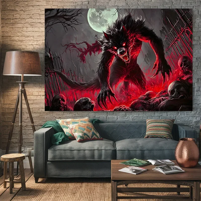 VIKAMA Halloween Gothic Wall Tapestry Blood Red Full Moon Hell Werewolf Cemetery Skeleton Horror Wallcloth Hanging Party Decorat