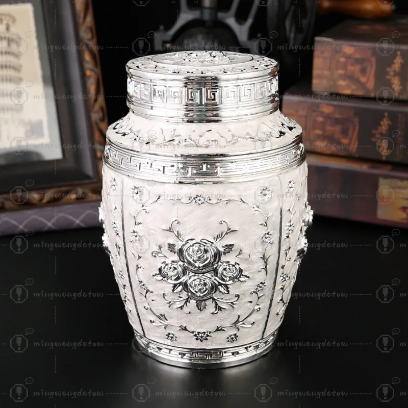 Rose Design Silver White Tea Canister, Large Sealed Moisture-Proof Storage, Decorative Craft