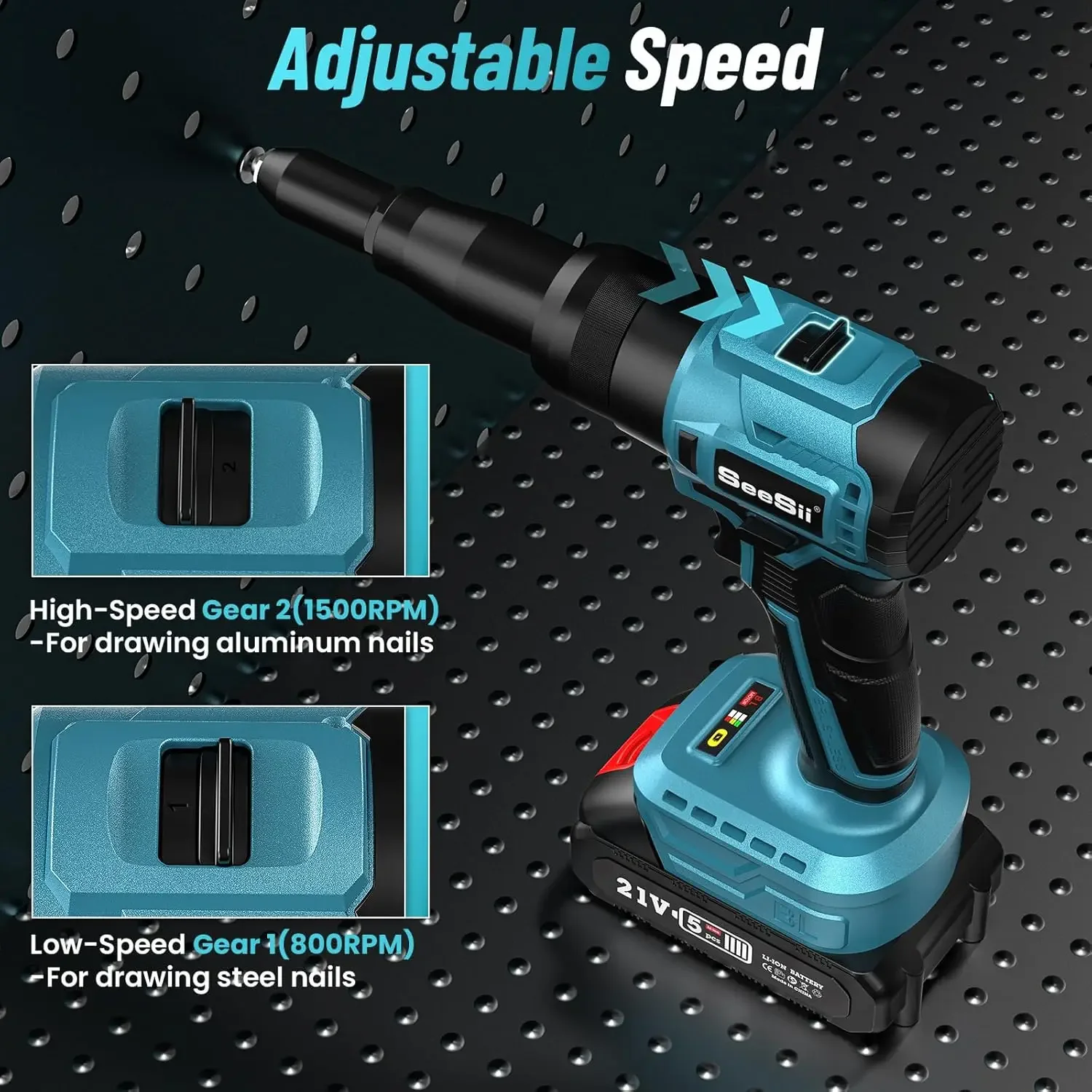 Cordless Rivet Gun, Brushless Rivet Nut Tool with 2x21V Batteries, Quick Change Nosepieces, Variable Speed, 30Pcs Rivets