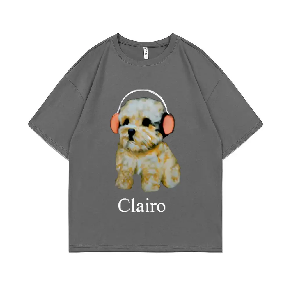 Homens e mulheres Clairo Dog Puppy Headphones camiseta gráfica estampada, streetwear extragrande, tops Kawaii fofos, moda masculina, verão