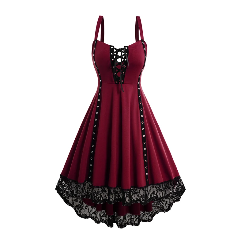 Dressfo 2024 Women\'s Gothic Dresses Lace Up Grommet Straps Lace Hem High Low Summer Tank Dress Black Dress Vestidos
